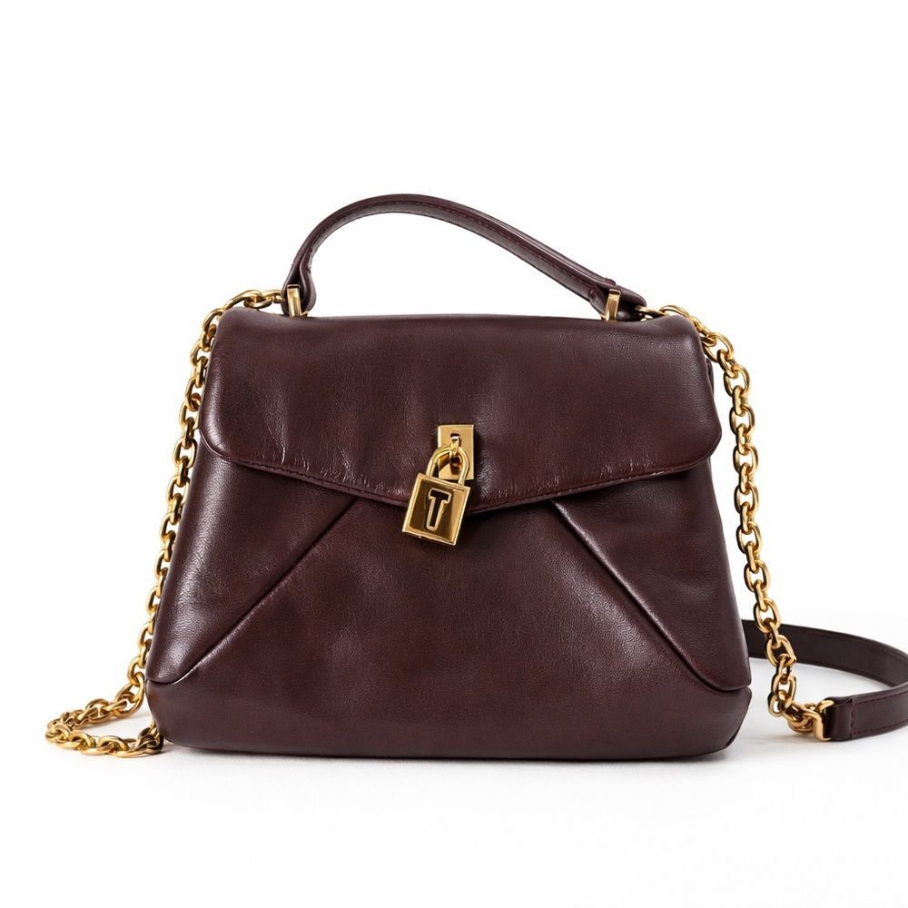 Ted Baker Poppy Top Handle Bag Brown Leather Gold Chain Structured Elegant Chic